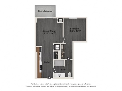 Floor plan for 1 bed, 1 bath, 691 sqft